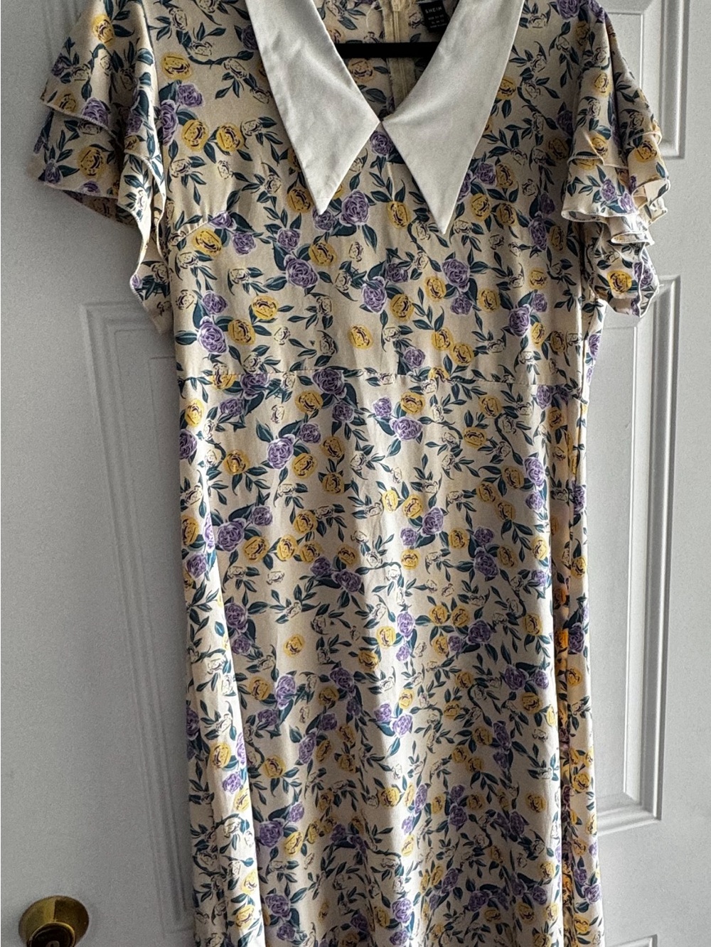SHEIN Cream Floral Dress with Purple and Yellow Print